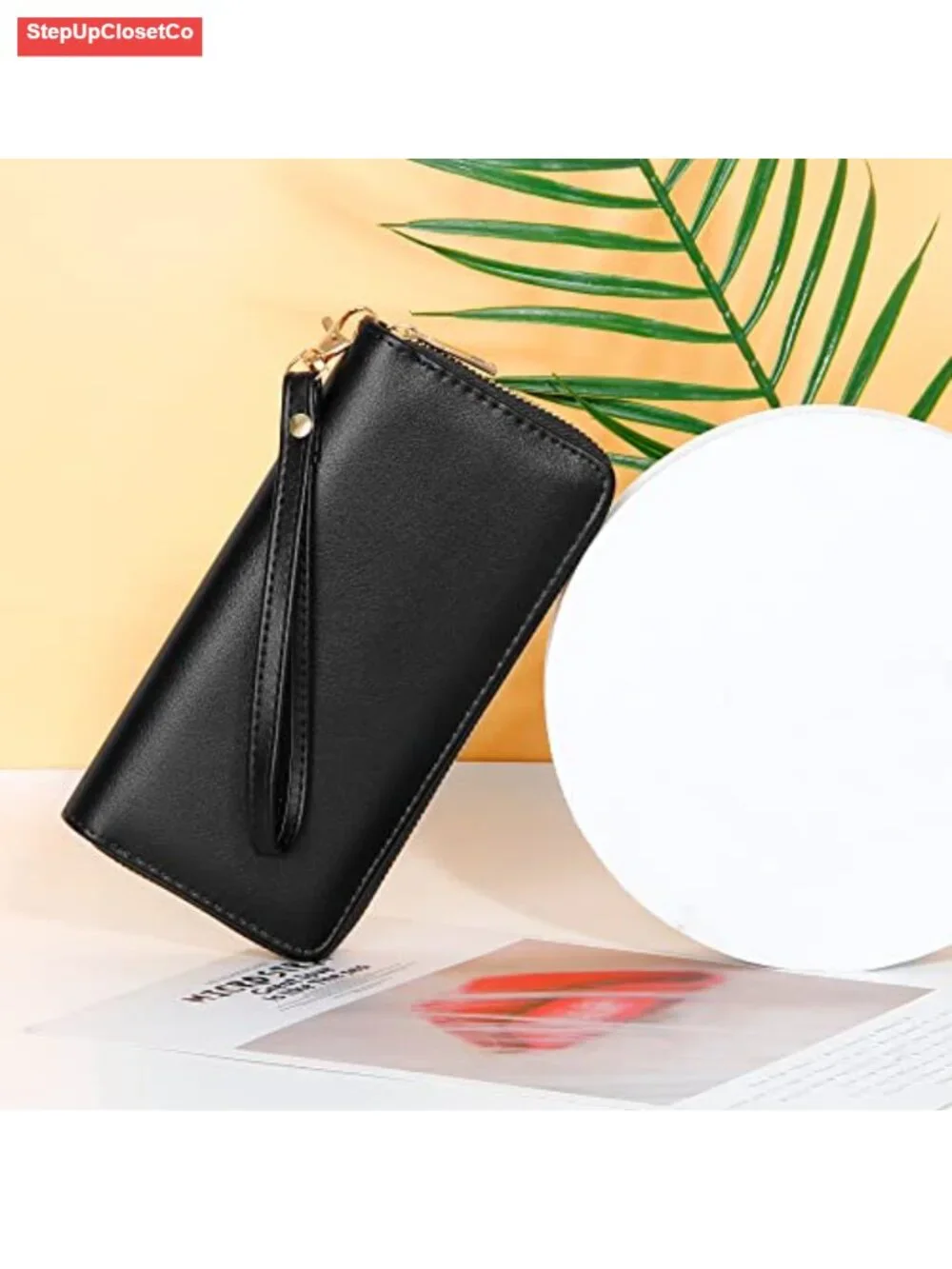 RFID Blocking PU Leather Wristlet Wallet with Phone Holder, Zip Around Clutch
